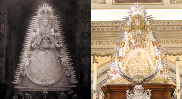 La Virgen del Rocío, con el traje de Montpansier en 1919 (izq.) y 2012 (dcha.)